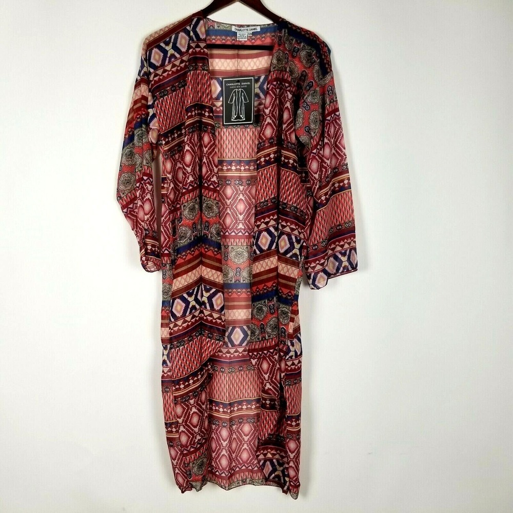 Charlotte Daniel Women's Size S Sheer Kimono With Sleeves Red Geometric Striped